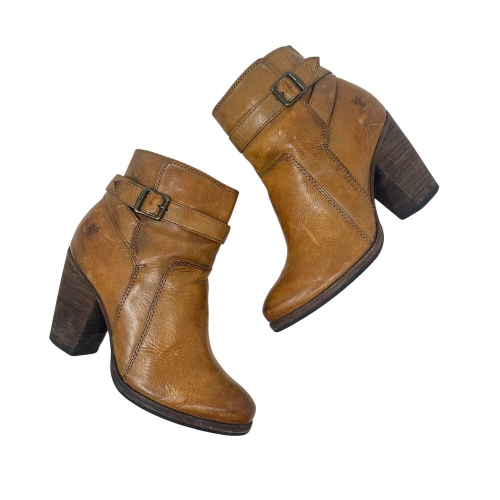 Frye Patty Riding Bootie‎ Brown Leather Harness Ankle Boots Heel Womens 7.5M